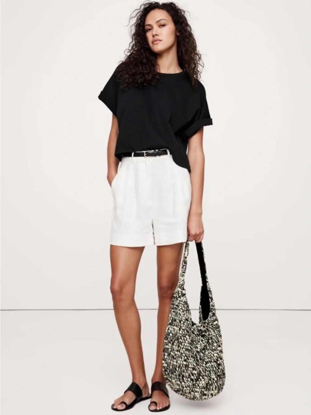Banana Republic Black & Cream Woven Raffia Hobo Bag